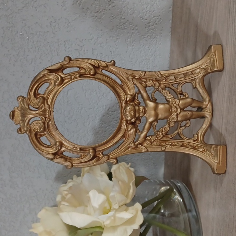 Vintage Cast Iron Clock Case Victorian French Cherub Mantel Vanity Gold Frame